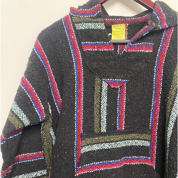 Frank's Textiles Striped Pancho Hoodie Black Medium - Picture 2 of 4